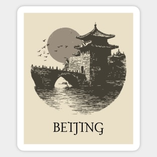 Beijing T-Shirt | Vintage Chinese Pagoda & Bridge Illustration Tee Sticker